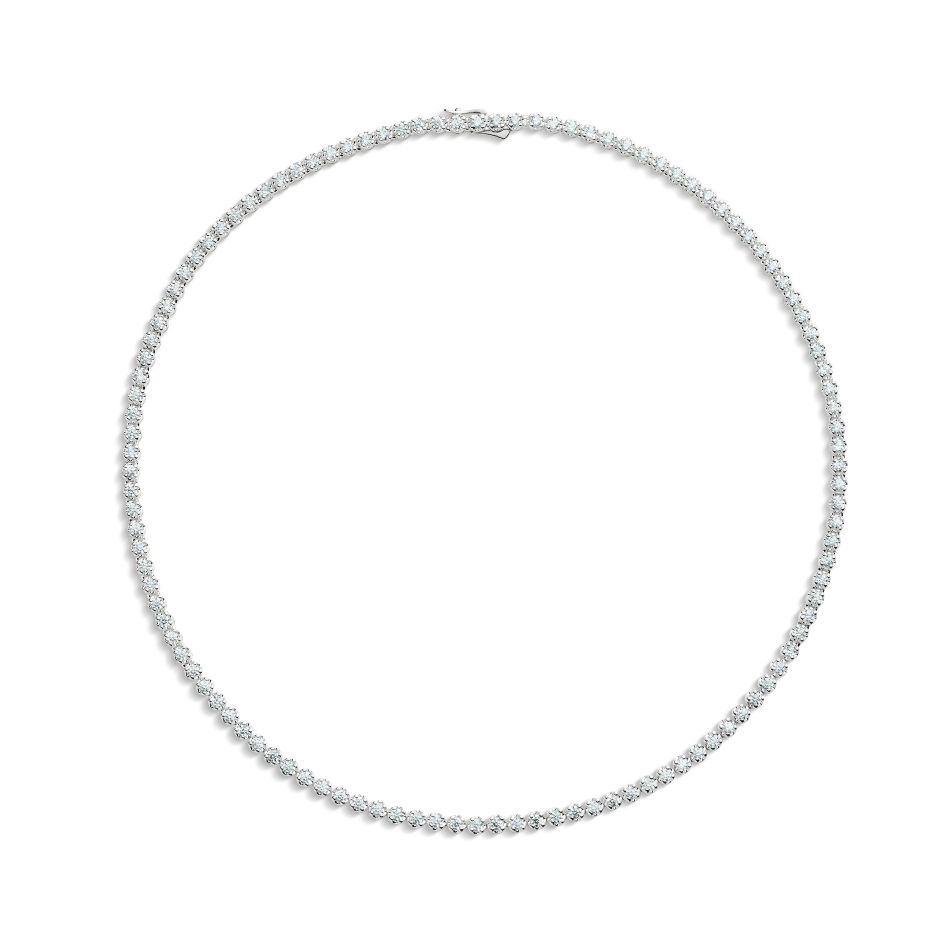 The Shinola 7 Carat Diamond Tennis Necklace in white gold showcases evenly spaced round diamonds on a thin chain, set against a plain white background.