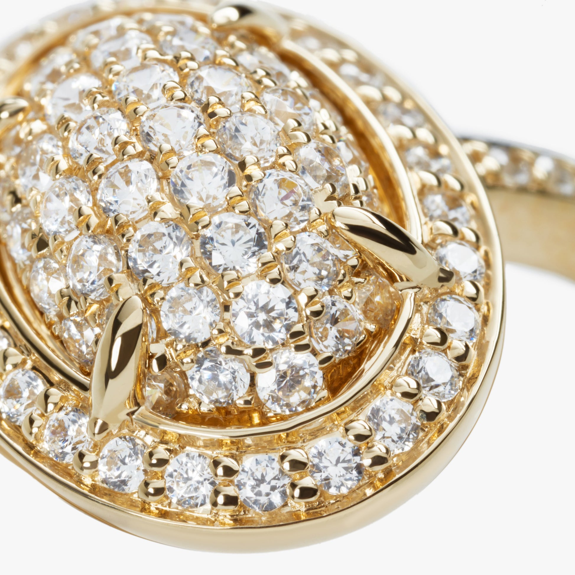 A close-up of the Shinola Diamond Pave Oval Ring - Yellow Gold, featuring round natural diamonds set in concentric oval patterns for a sparkling, luxurious look.