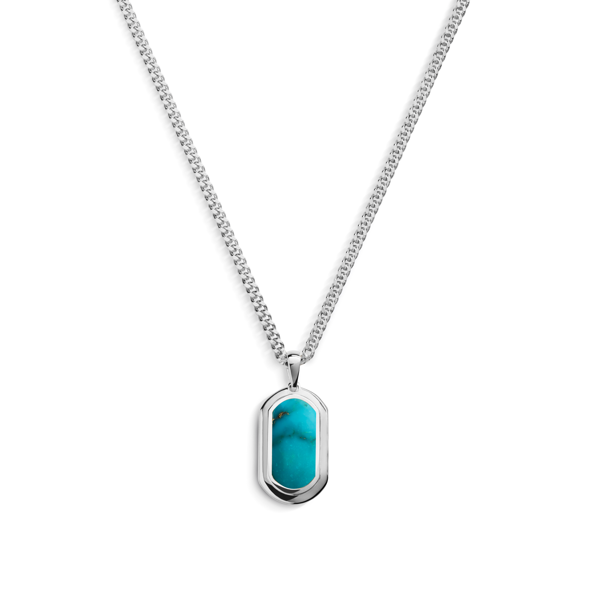 The Shinola Turquoise Inlay Tag Necklace features a rectangular turquoise pendant set in sterling silver, showcased against a white background.