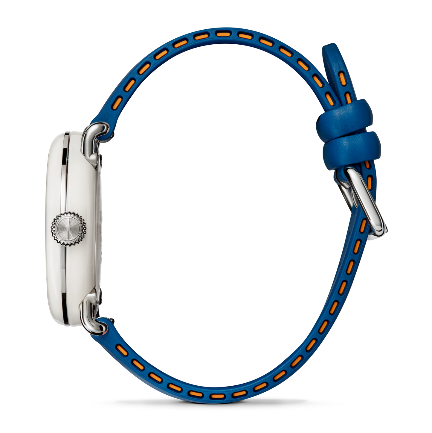 Side view of the Shinola Detrola Watch - Blue, a modern art-inspired timepiece with a silver case, blue band accented in orange, and a silver buckle. The crown is visible on the left.