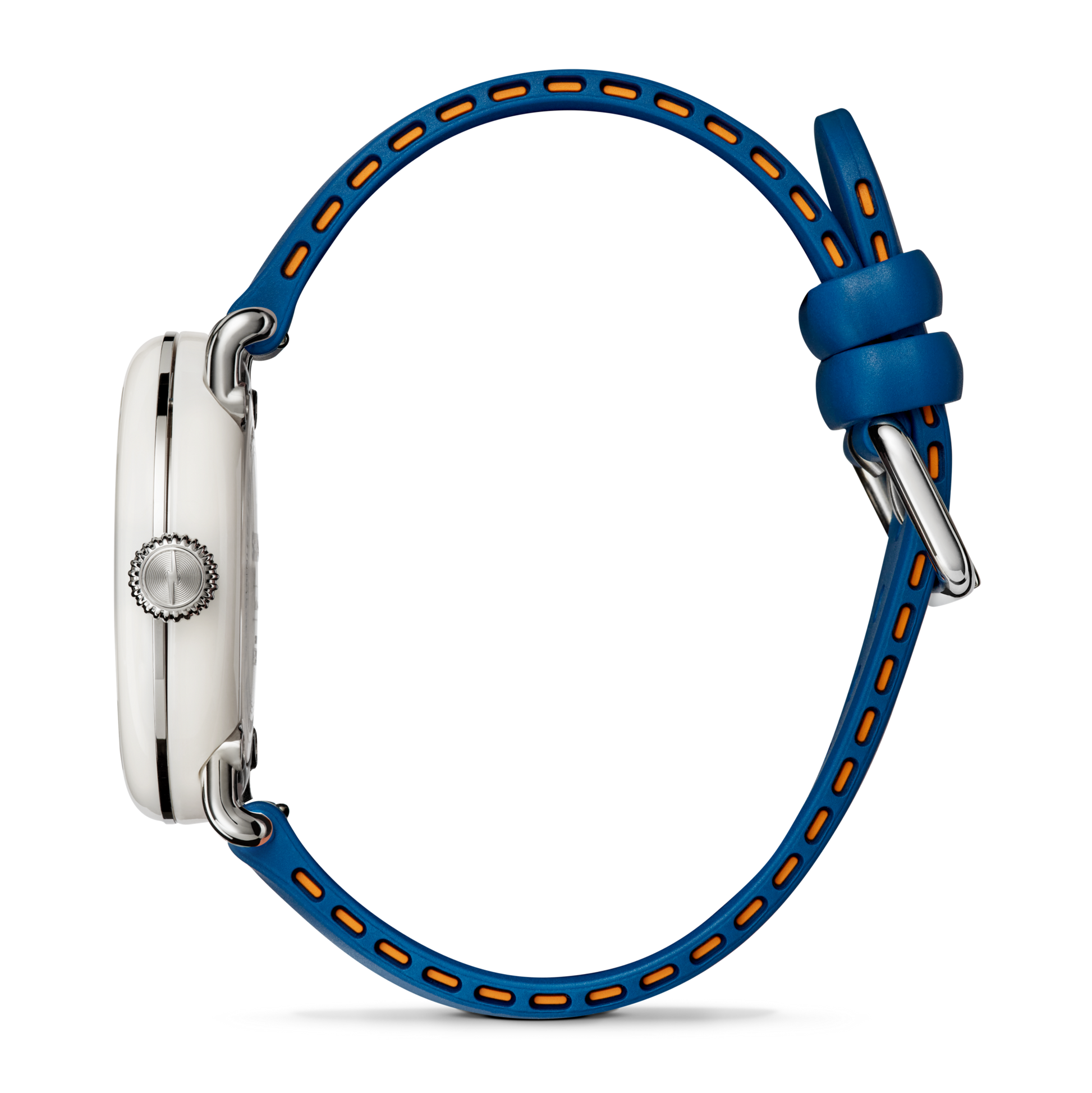 Side view of the Shinola Detrola Watch - Blue, a modern art-inspired timepiece with a silver case, blue band accented in orange, and a silver buckle. The crown is visible on the left.