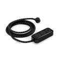 The Shinola 2 Port Power Supply - Black features a braided extension cord with a right-angle plug, two standard outlets, and a USB port. Its modern, compact design includes a dual port quick charger on a plain white background.