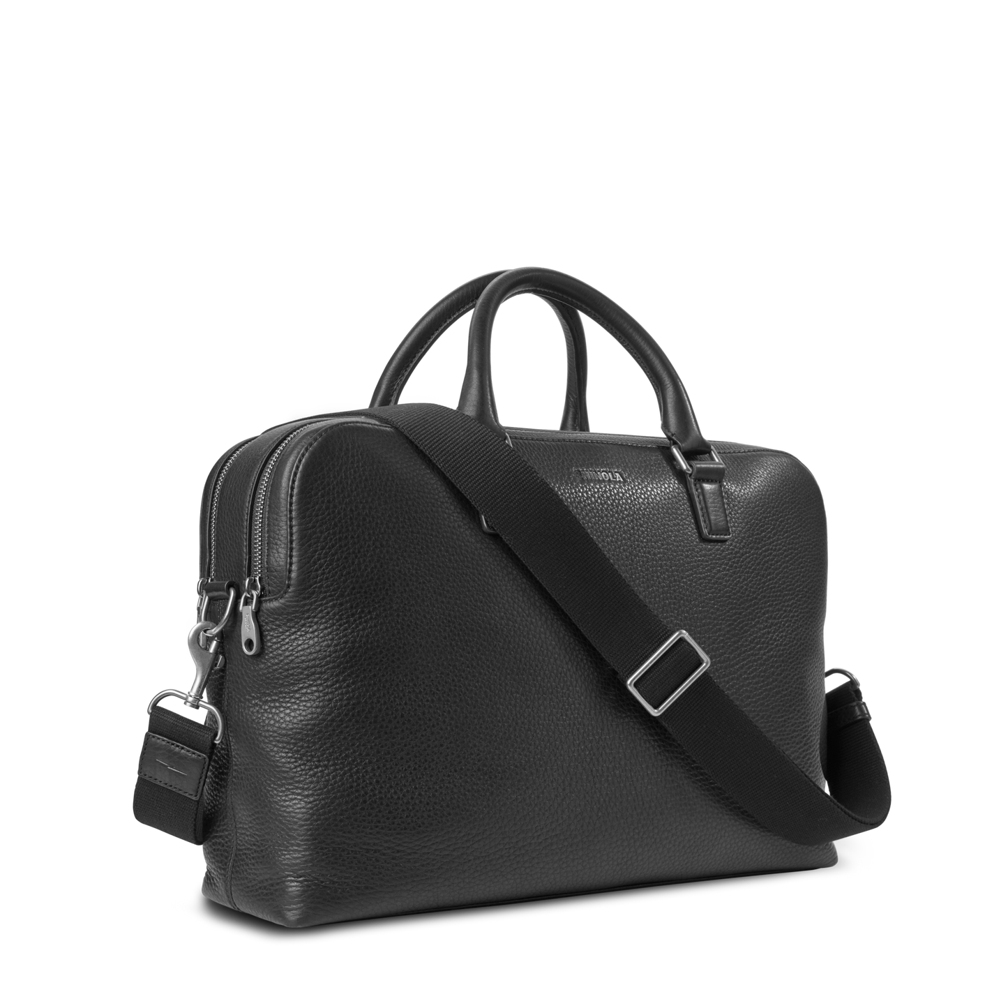 The Shinola Double Zip Briefcase in black natural grain leather features silver zippers, two short handles, an extra compartment, and a detachable adjustable shoulder strap, shown against a plain white background.