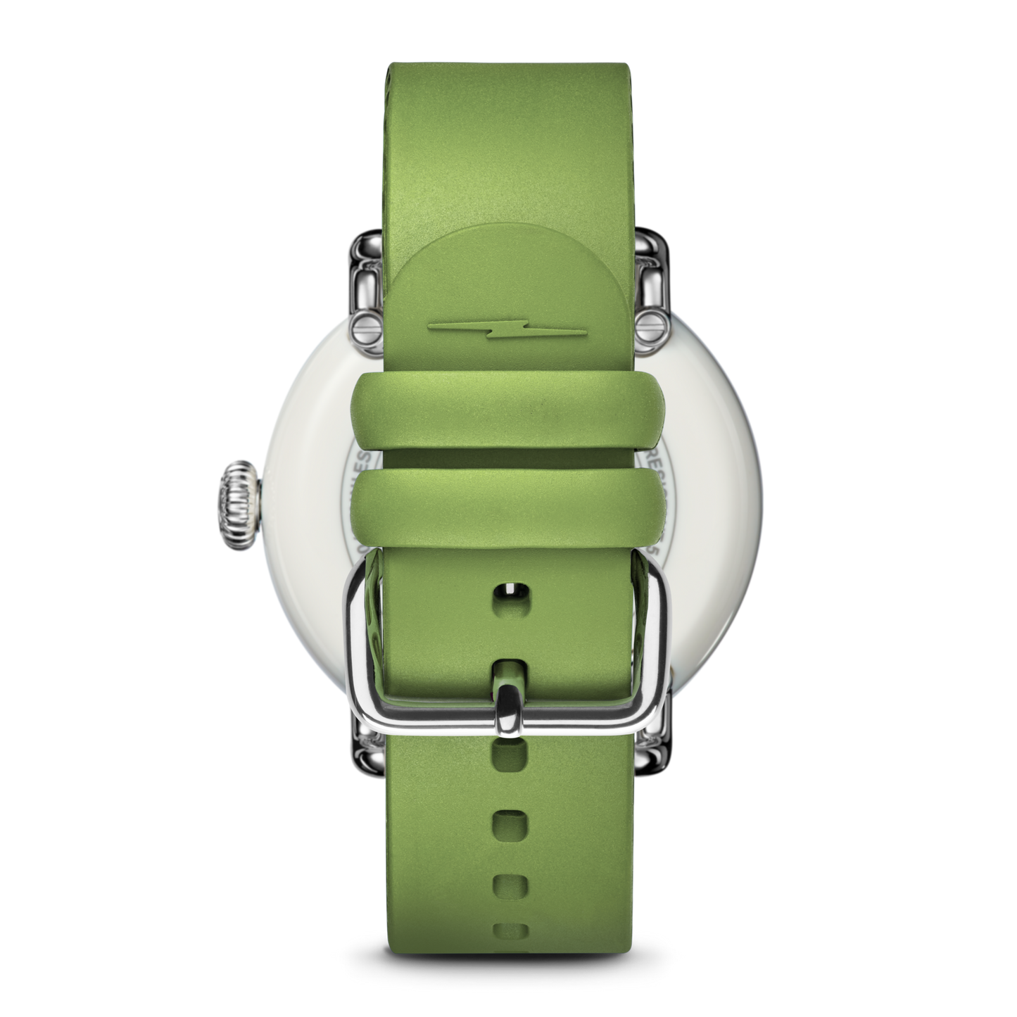 The Shinola Detrola Watch - Deep Olive is shown from the back, featuring a metal buckle, band loops, and a round stainless steel case with a left-side crown—an art-inspired accessory for modern style.