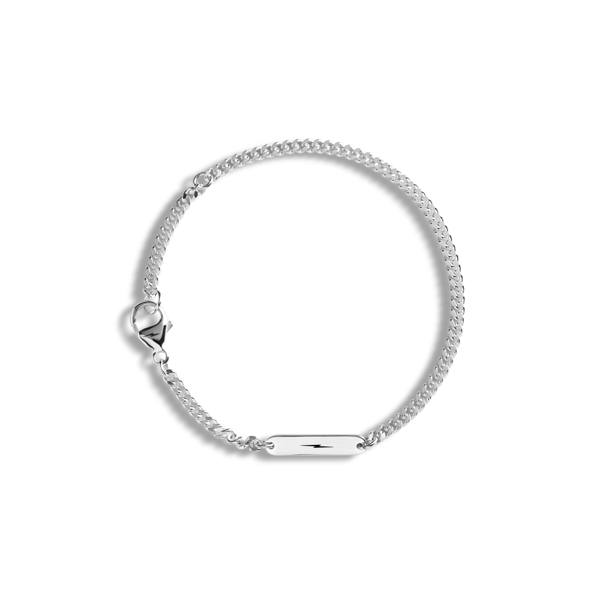 The Shinola 3mm Gauge Chain Bracelet in sterling silver features a sleek curb chain, small rectangular nameplate, and lobster clasp, shown against a plain white background.