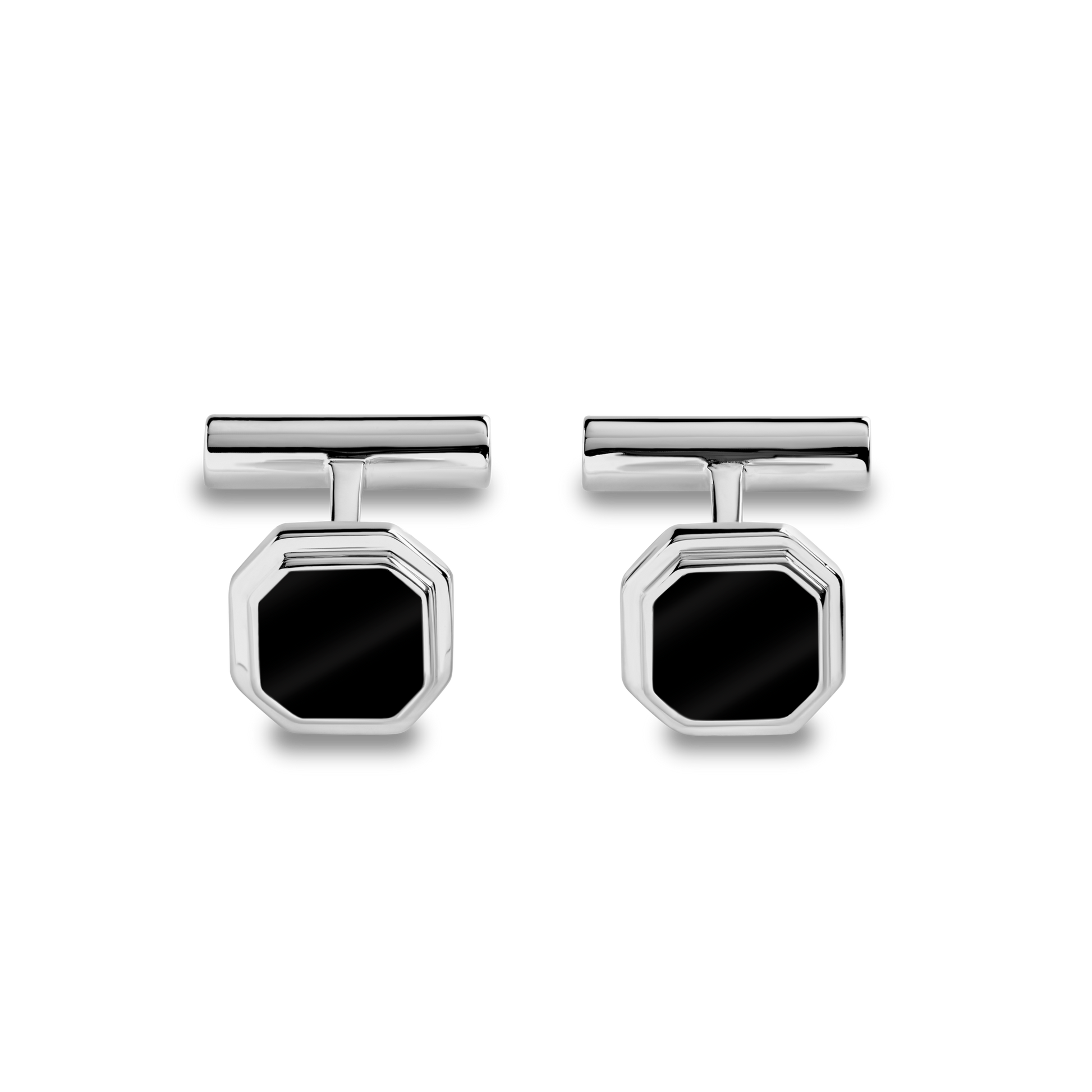 Shinola Octagonal Onyx Inlay Cufflinks: These men's cufflinks feature a bold black onyx inlay set in a striking octagonal sterling silver design.