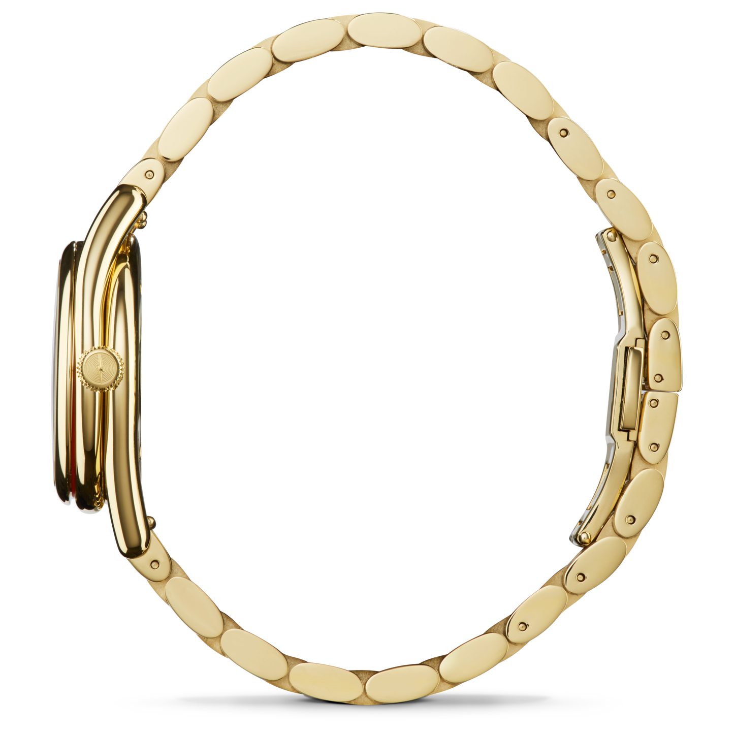 A side view of the Shinola Derby Watch - Malachite, a gold stainless steel timepiece with a metal link band and clasp, displays its slim profile case and bracelet against a plain white background.