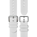 Two pieces of the shinola 20mm Rubber Strap - Cream Dash Loop with silver buckles are shown side by side on a white background. One features a pointed end with adjustment holes, and the other displays the buckle end.