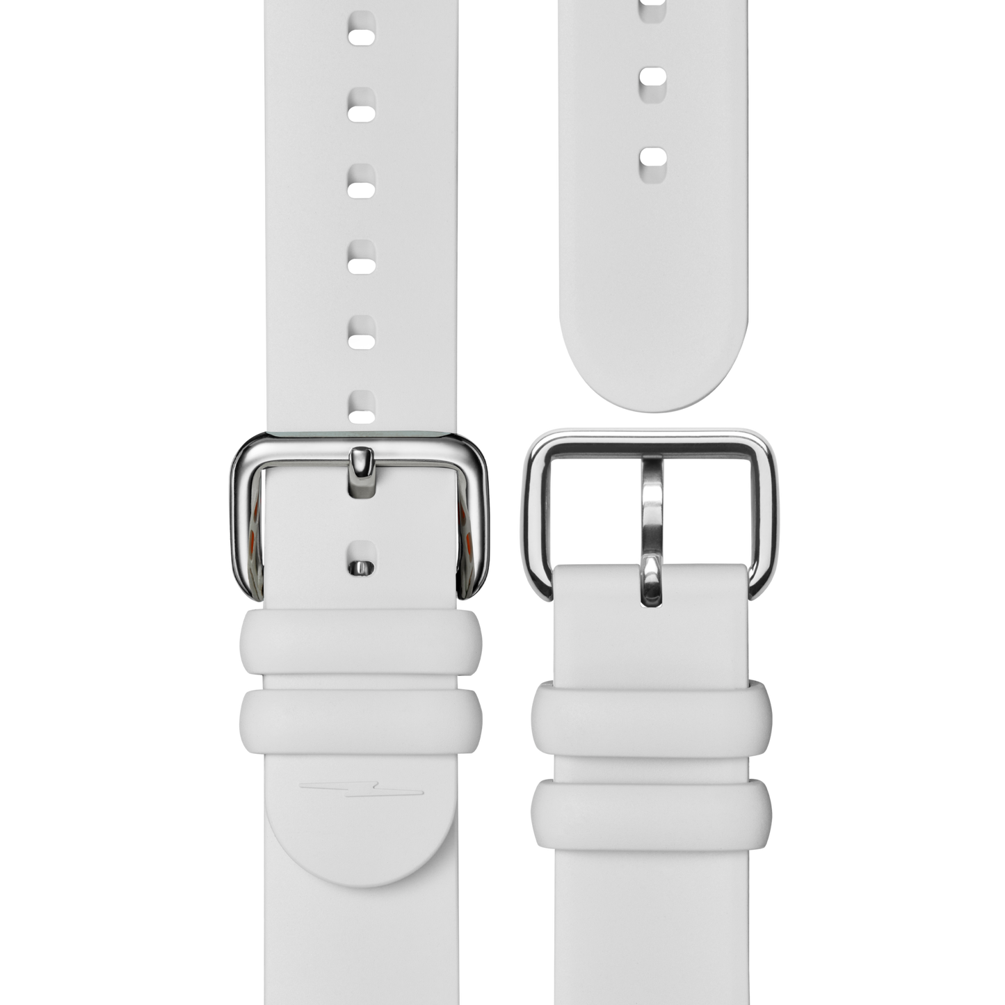 Two pieces of the shinola 20mm Rubber Strap - Cream Dash Loop with silver buckles are shown side by side on a white background. One features a pointed end with adjustment holes, and the other displays the buckle end.