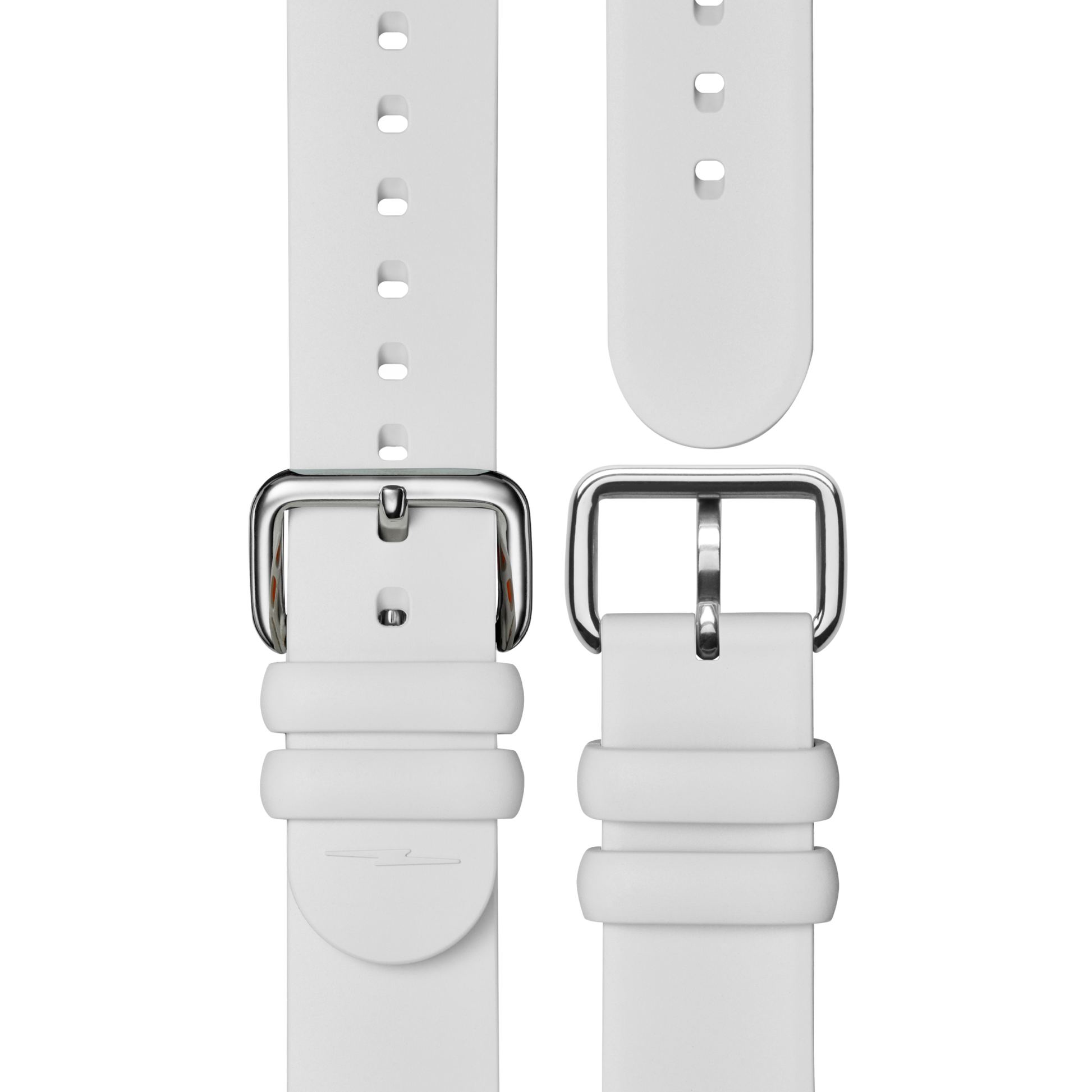 Two pieces of the shinola 20mm Rubber Strap - Cream Dash Loop with silver buckles are shown side by side on a white background. One features a pointed end with adjustment holes, and the other displays the buckle end.