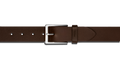 A close-up of the Shinola 1 1/2" Lightning Bolt Keeper Belt in deep brown leather, featuring a shiny silver-tone rectangular buckle and hardware, displayed on a plain white background.
