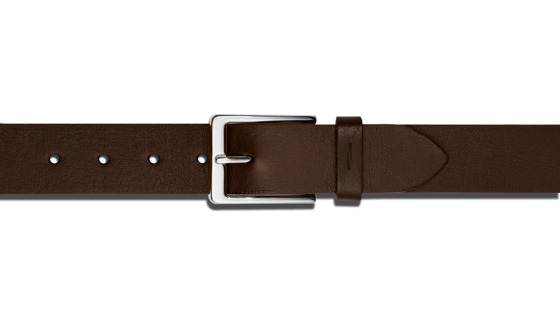 A close-up of the Shinola 1 1/2" Lightning Bolt Keeper Belt in deep brown leather, featuring a shiny silver-tone rectangular buckle and hardware, displayed on a plain white background.