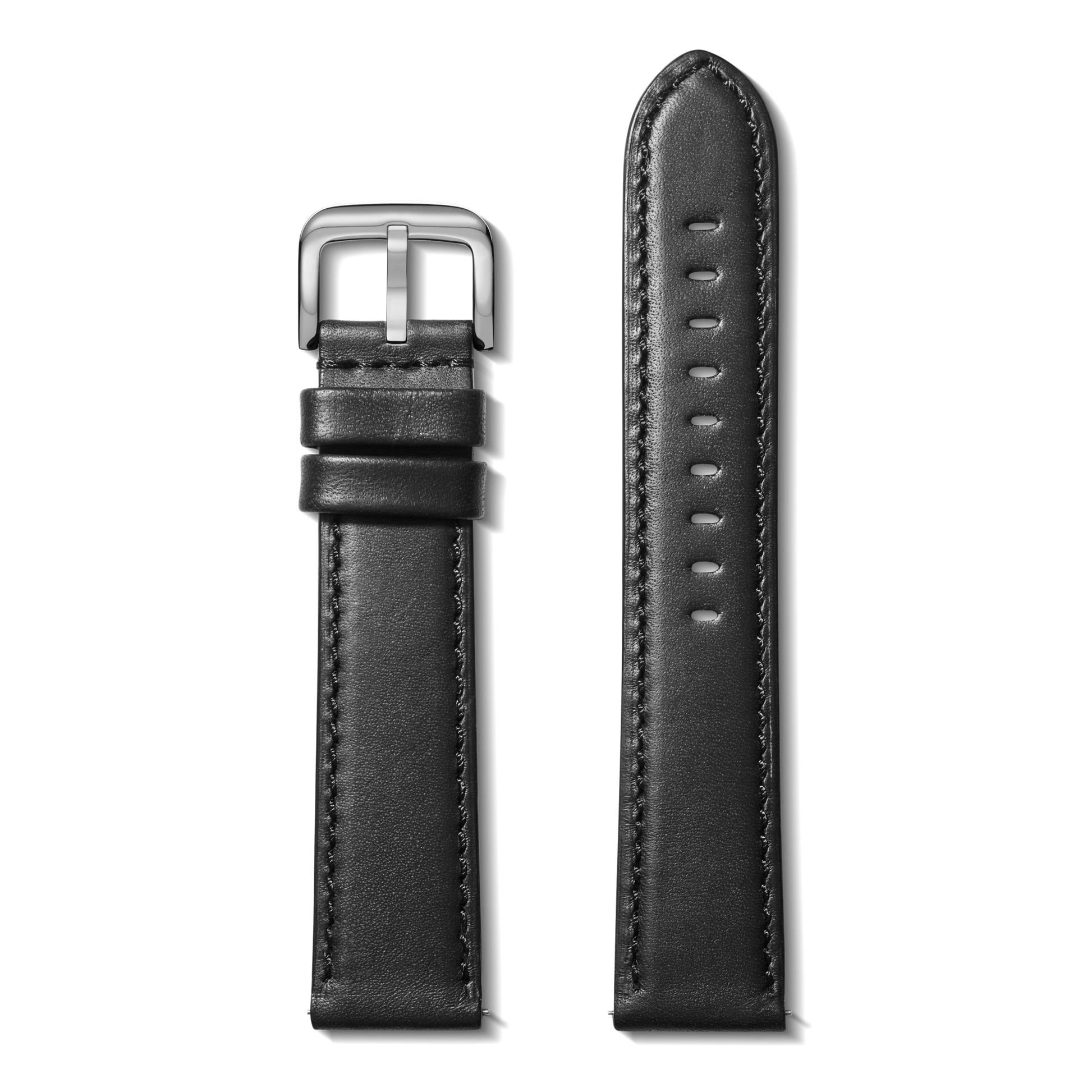 The Shinola QR Strap: 22/20 XL Aniline, RR Classic, PoSS - Black is a two-piece black leather watch strap with a silver buckle and edge stitching. One piece has the buckle and loops; the other features multiple adjustment holes.