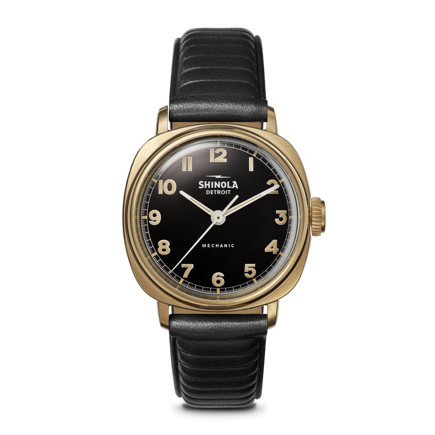 The Shinola Mechanic Watch - Black/Gold features a gold case, black dial, black leather strap, and an exhibition case back.