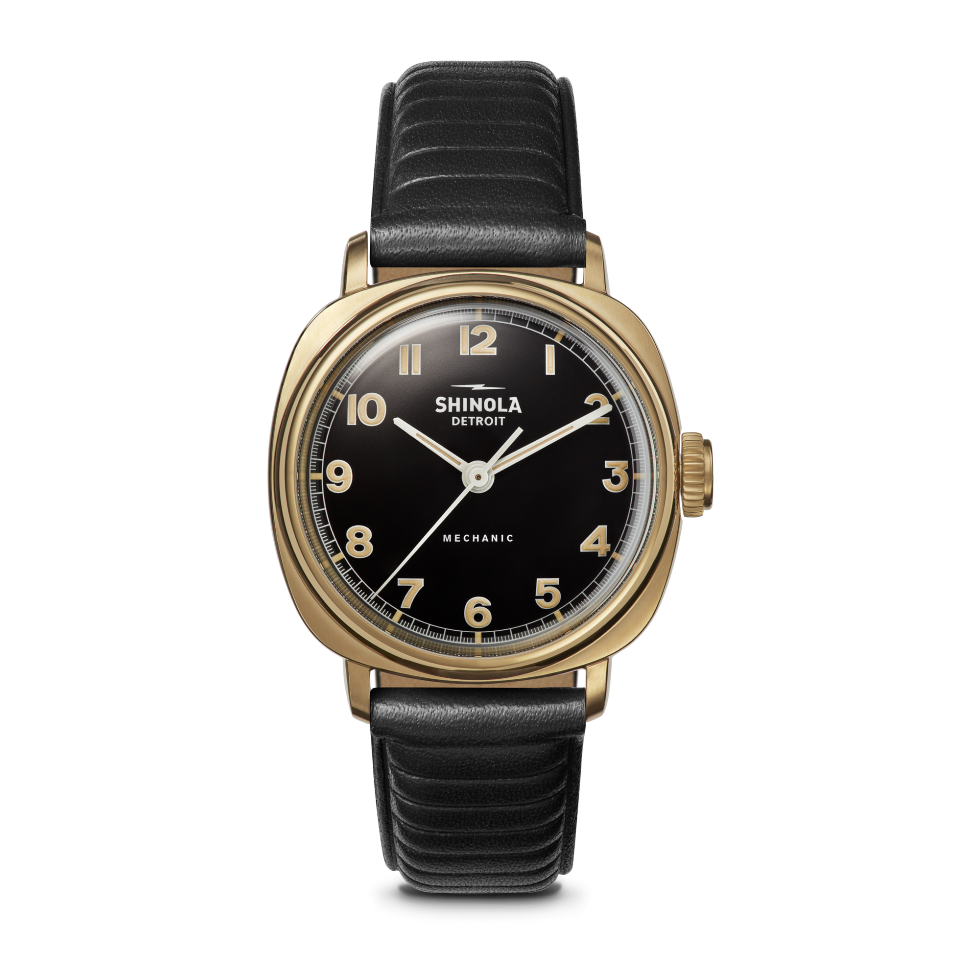 The Shinola Mechanic Watch - Black/Gold features a gold case, black dial, black leather strap, and an exhibition case back.