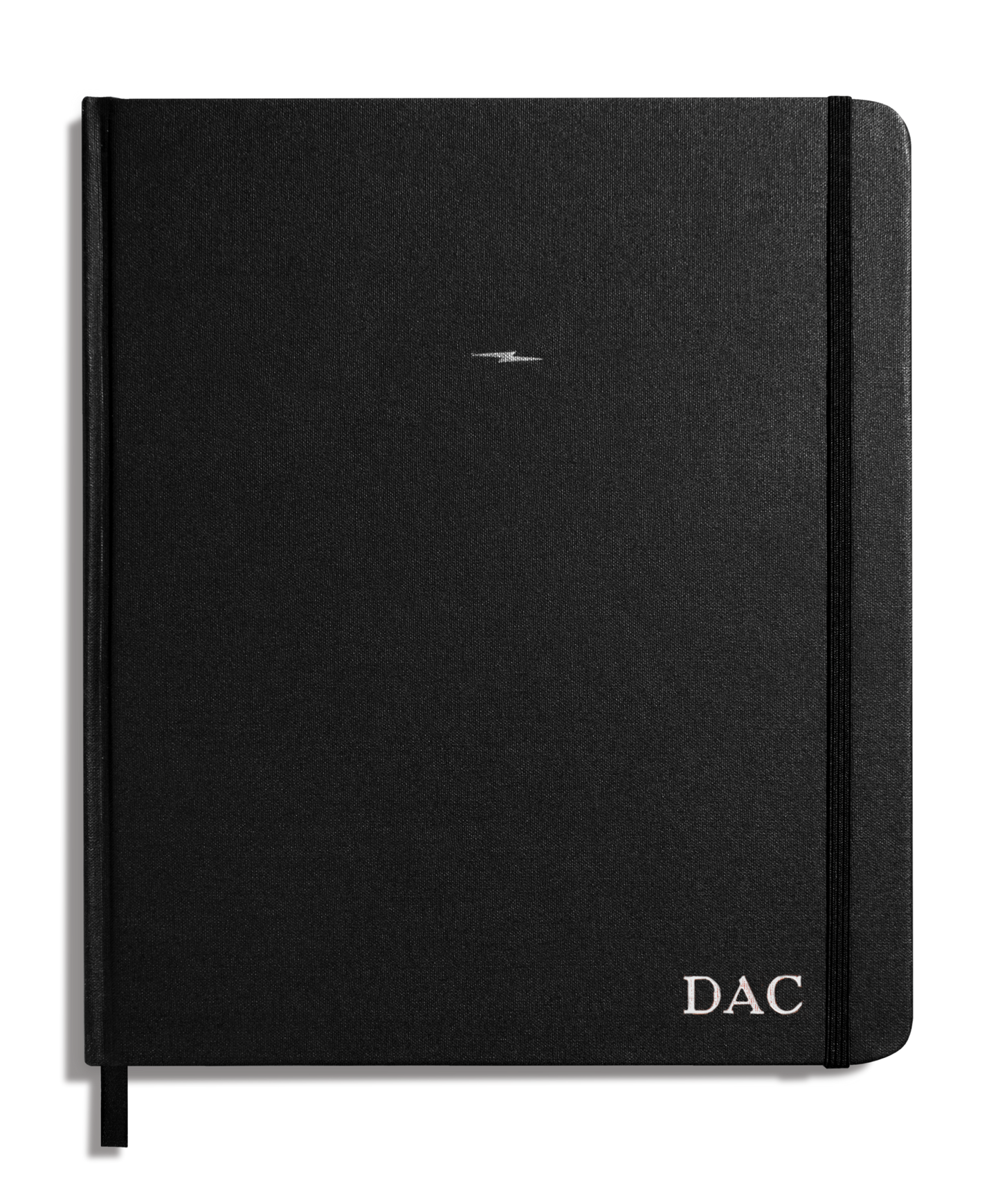 The Shinola Large Hard Plain Sketchbook - Black features a hard linen cover with a silver dash, elastic closure, 100 lb paper, and DAC initials in white on the bottom right corner.