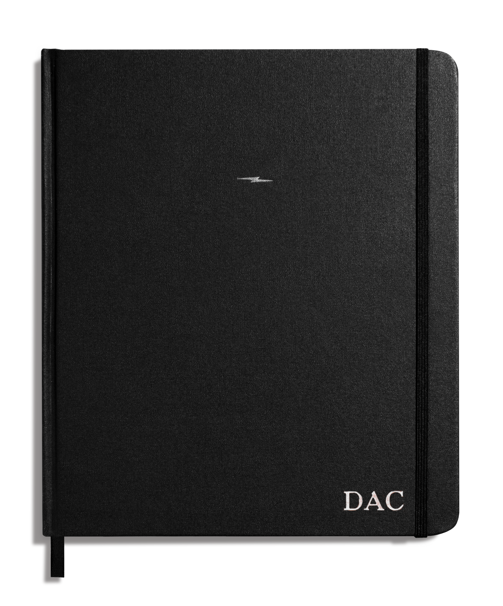 The Shinola Large Hard Plain Sketchbook - Black features a hard linen cover with a silver dash, elastic closure, 100 lb paper, and DAC initials in white on the bottom right corner.
