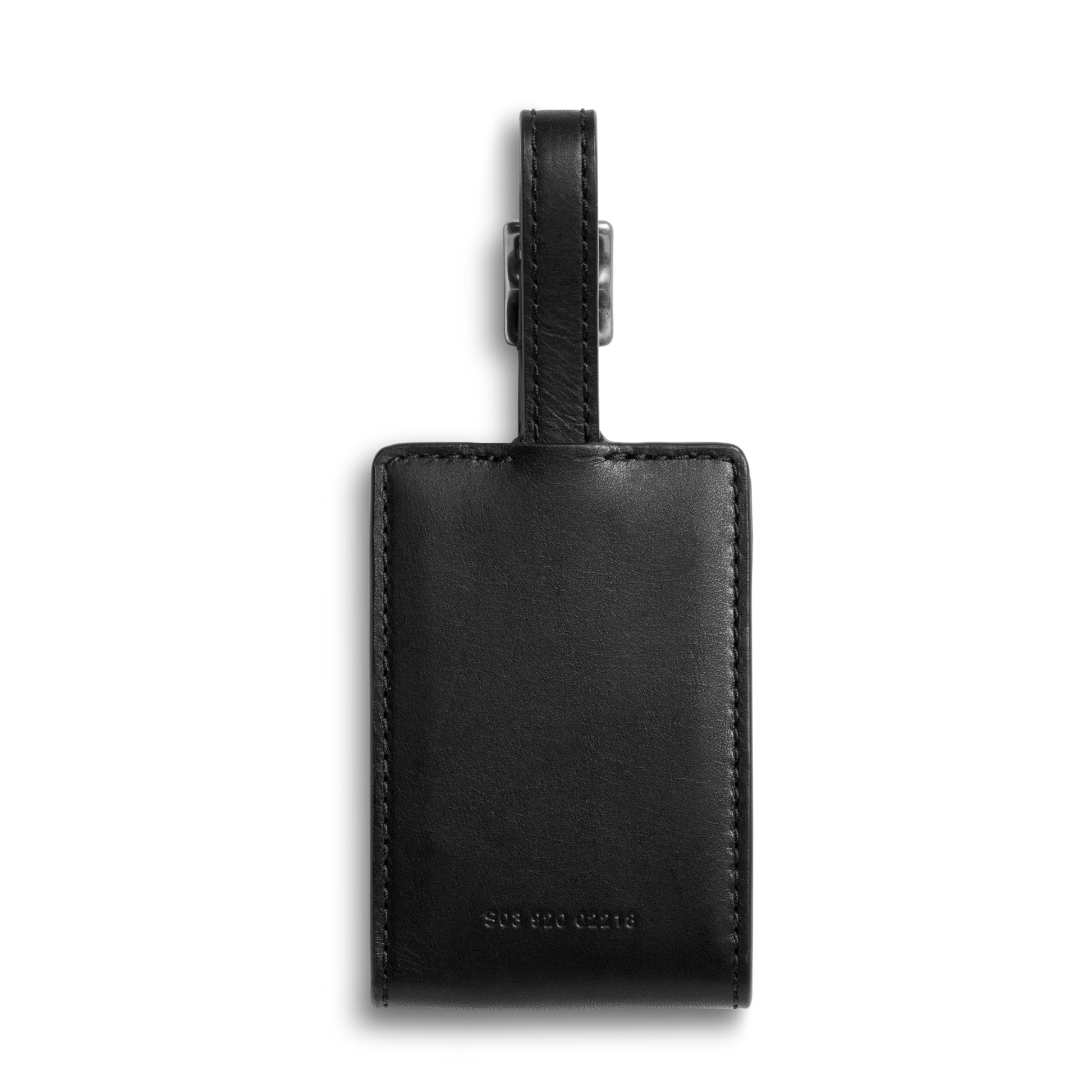 The Shinola Luggage Tag - Black is crafted from Italian Vachetta leather with a strap and buckle, features embossed text on the front, and is perfect for monogramming.