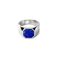 The Shinola Octagonal Lapis Signet Ring in sterling silver features a wide band and a deep blue octagonal lapis stone at the center, showcased on a simple light background.