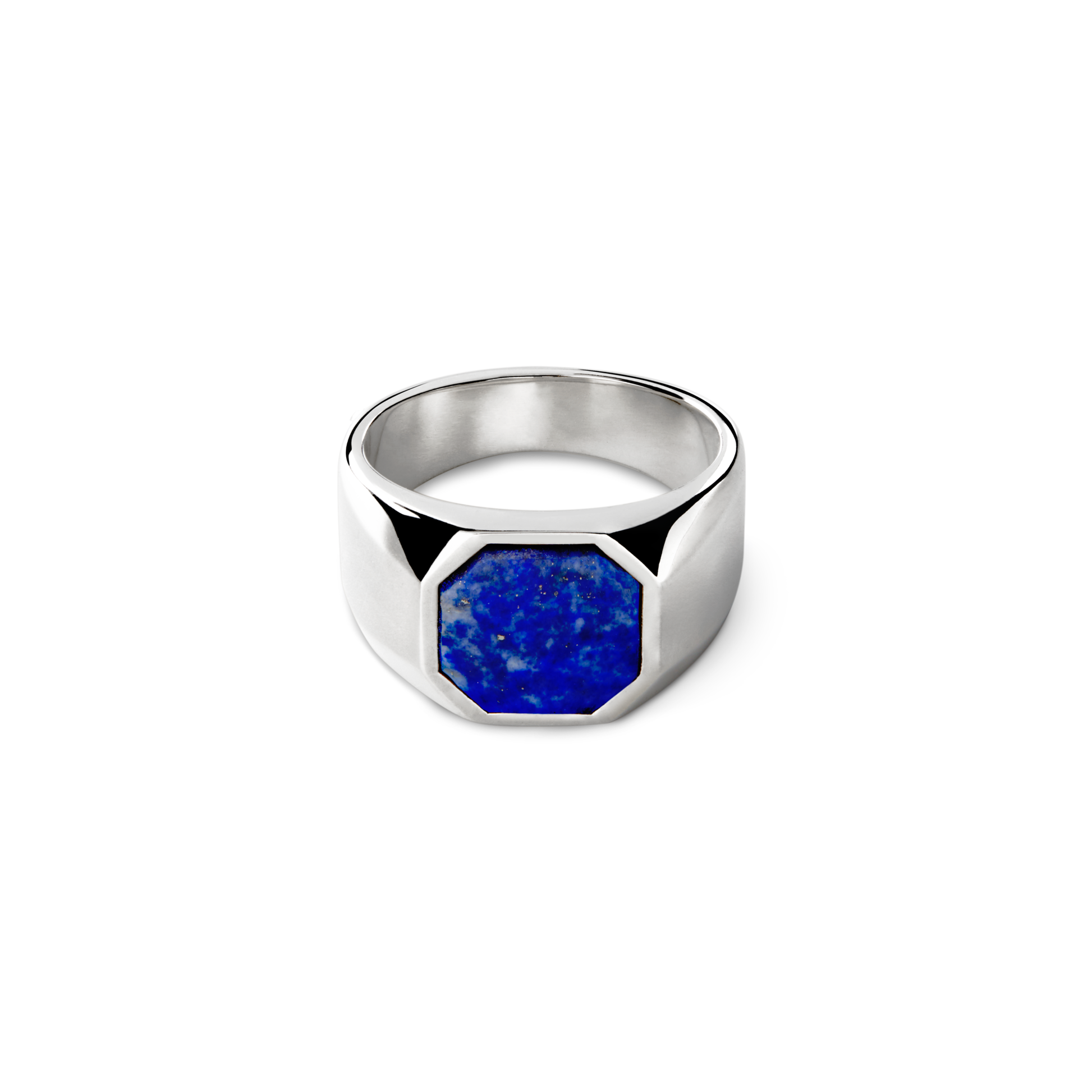 The Shinola Octagonal Lapis Signet Ring in sterling silver features a wide band and a deep blue octagonal lapis stone at the center, showcased on a simple light background.