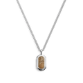 The Shinola Petoskey Tag Necklace in sterling silver features a rectangular pendant with a light brown, fingerprint-like pattern, inspired by unique gemstone jewelry. The shiny silver frame contrasts beautifully against a plain white background.