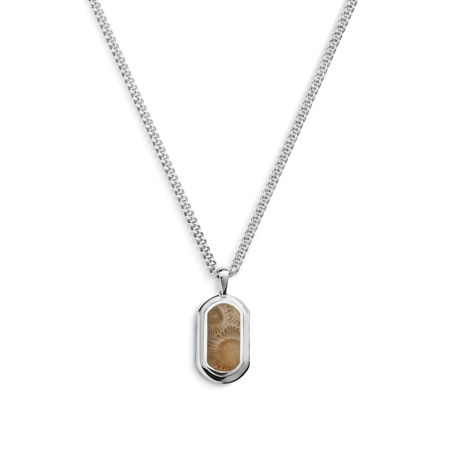 The Shinola Petoskey Tag Necklace in sterling silver features a rectangular pendant with a light brown, fingerprint-like pattern, inspired by unique gemstone jewelry. The shiny silver frame contrasts beautifully against a plain white background.