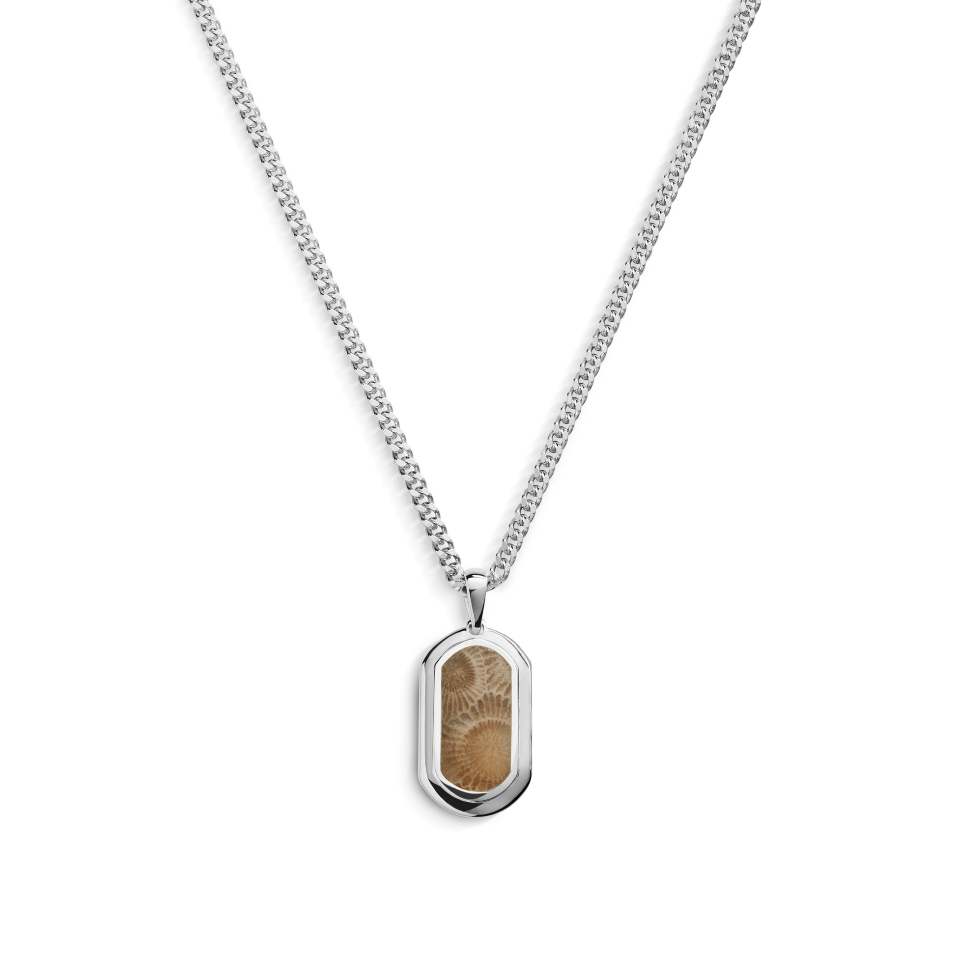 The Shinola Petoskey Tag Necklace in sterling silver features a rectangular pendant with a light brown, fingerprint-like pattern, inspired by unique gemstone jewelry. The shiny silver frame contrasts beautifully against a plain white background.