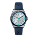 The Shinola Duck Watch - Midnight Blue features a stainless-steel case, white and blue dial, blue bezel, dark blue textured rubber strap, silver hour markers and hands, and displays 10:08.