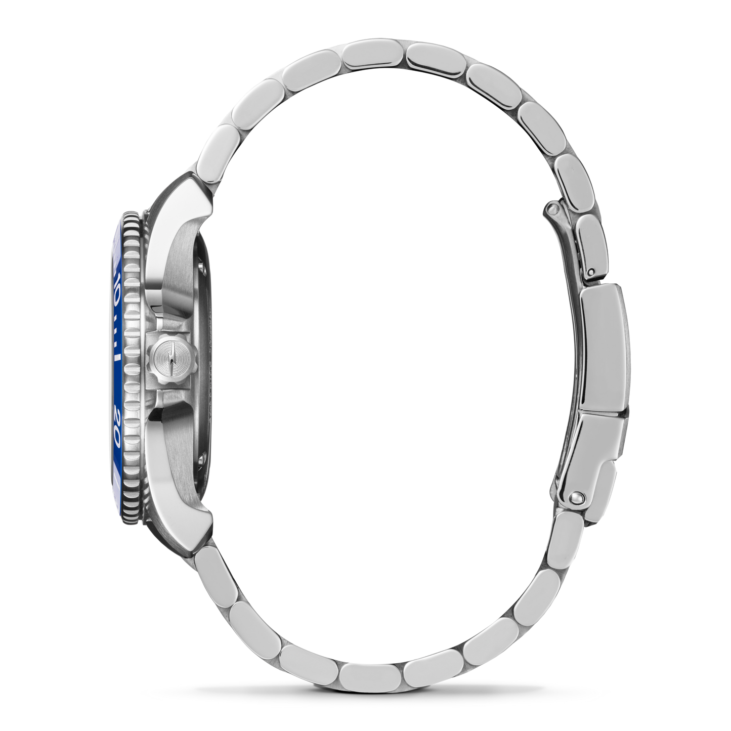 Side view of the Shinola Lake Michigan Monster Automatic Dive Watch, featuring a stainless steel linked band, round case, prominent crown, and blue bezel—displayed against a white background.