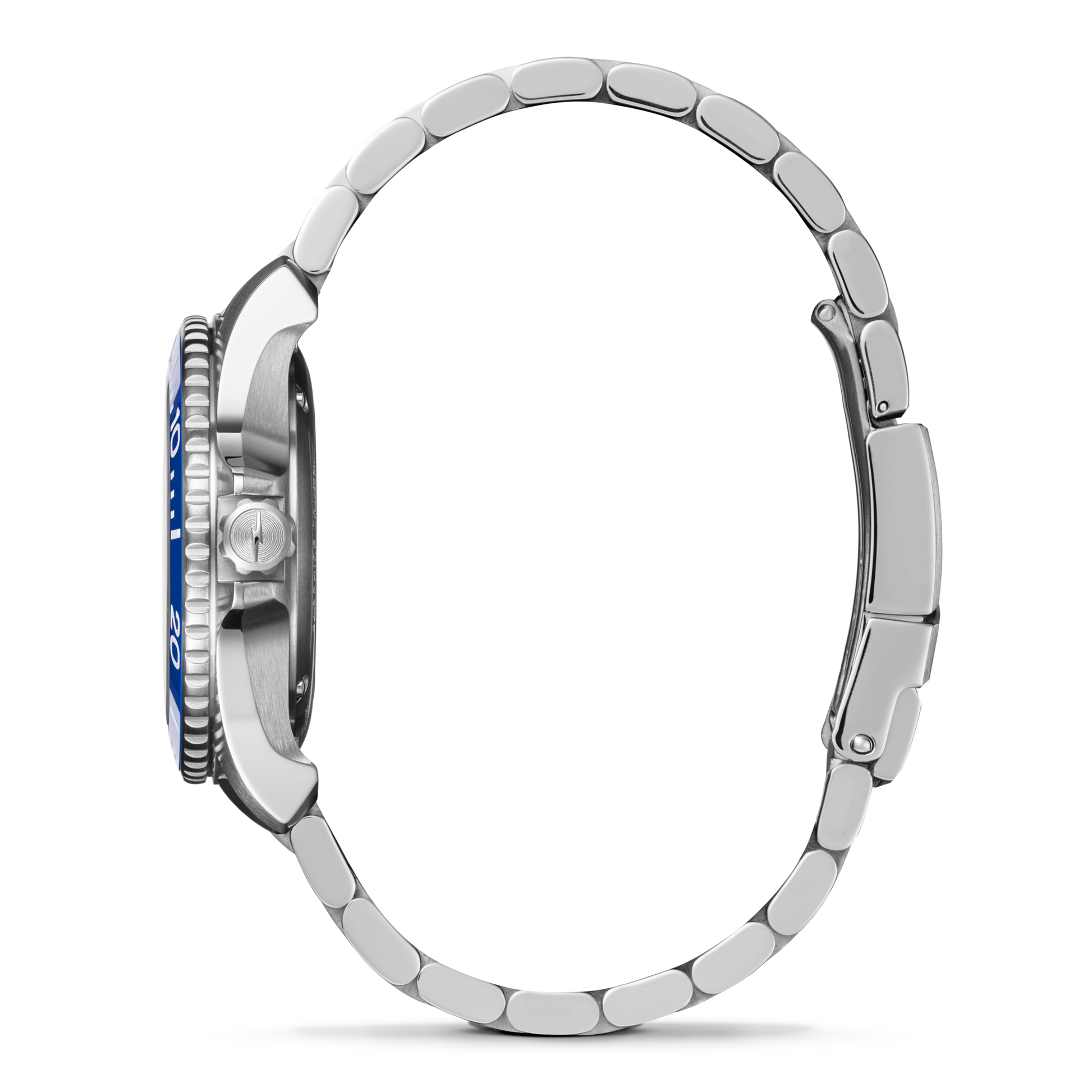 Side view of the Shinola Lake Michigan Monster Automatic Dive Watch, featuring a stainless steel linked band, round case, prominent crown, and blue bezel—displayed against a white background.