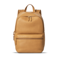 The Shinola Small Runwell Backpack in Honey is crafted from Natural Grain Leather and features two zippered compartments, a top handle, and padded shoulder straps, shown against a plain white background.