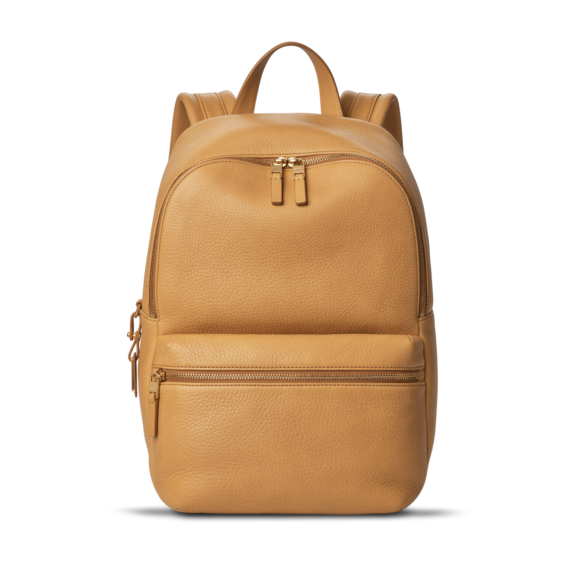 The Shinola Small Runwell Backpack in Honey is crafted from Natural Grain Leather and features two zippered compartments, a top handle, and padded shoulder straps, shown against a plain white background.