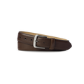 The Shinola 1 1/2" Canfield Belt in dark brown premium leather features a silver rectangular buckle, shown rolled up on a plain white background.