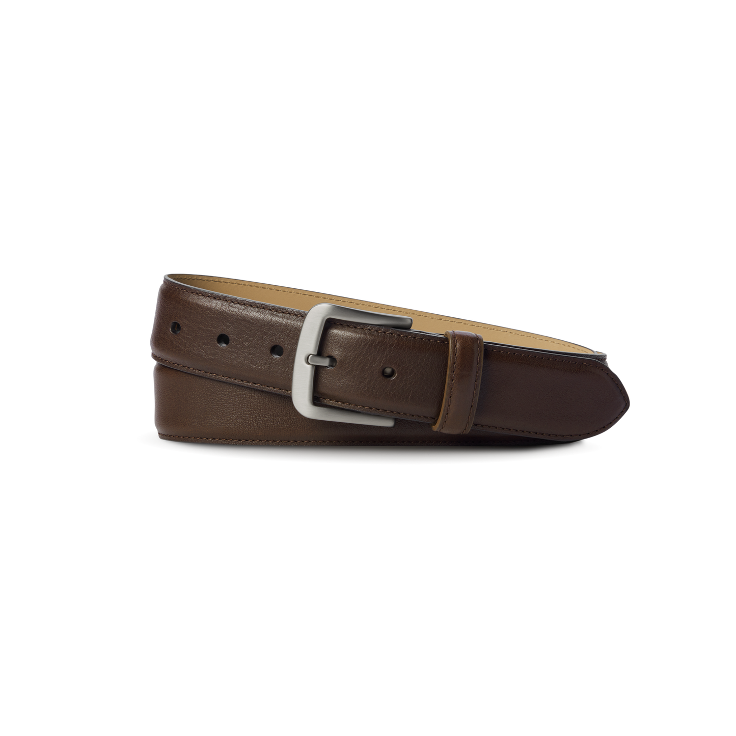 The Shinola 1 1/2" Canfield Belt in dark brown premium leather features a silver rectangular buckle, shown rolled up on a plain white background.