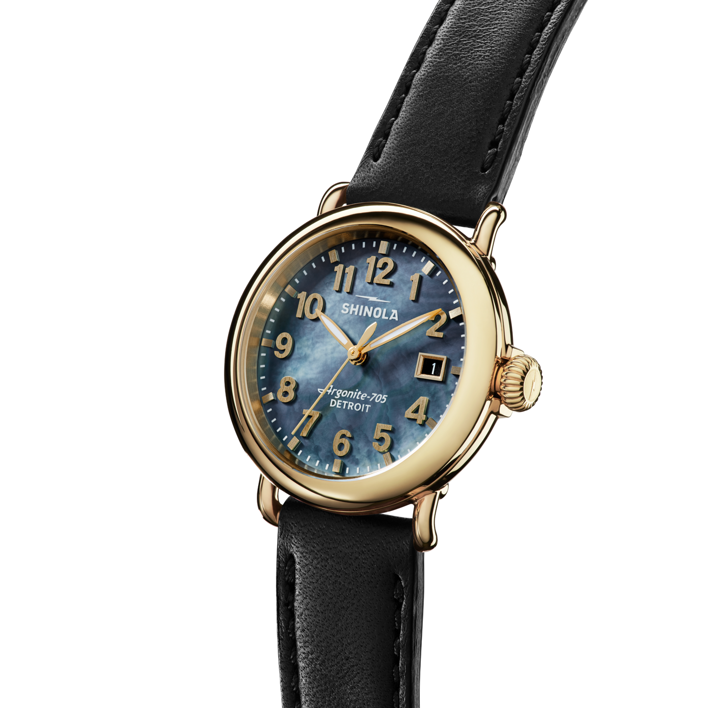 The Shinola Runwell Watch features a gold stainless steel case, blue textured dial with gold numerals, and a black leather strap. Shown angled on a white background, it combines elegance with classic design. Product: Runwell Watch - MOP Black Leather Strap.