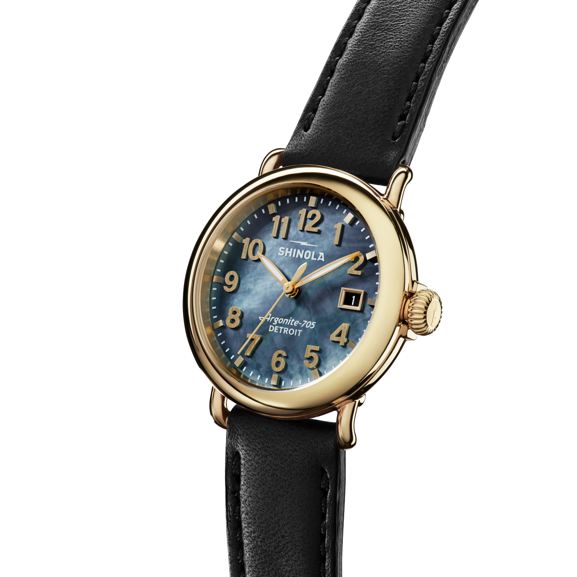 The Shinola Runwell Watch features a gold stainless steel case, blue textured dial with gold numerals, and a black leather strap. Shown angled on a white background, it combines elegance with classic design. Product: Runwell Watch - MOP Black Leather Strap.