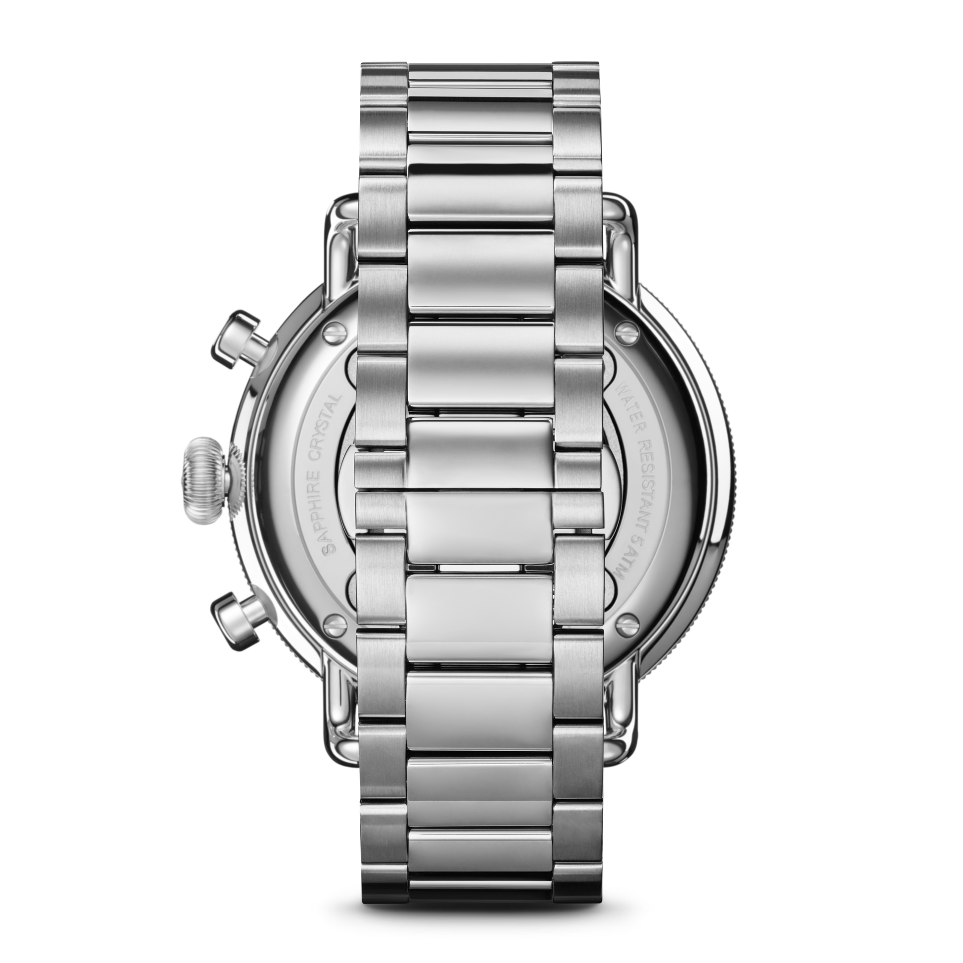 Back view of the Shinola Canfield Chronograph Watch - Dark Olive, featuring a silver stainless steel case and metal link bracelet, highlighting the watch case, crown, and push buttons.