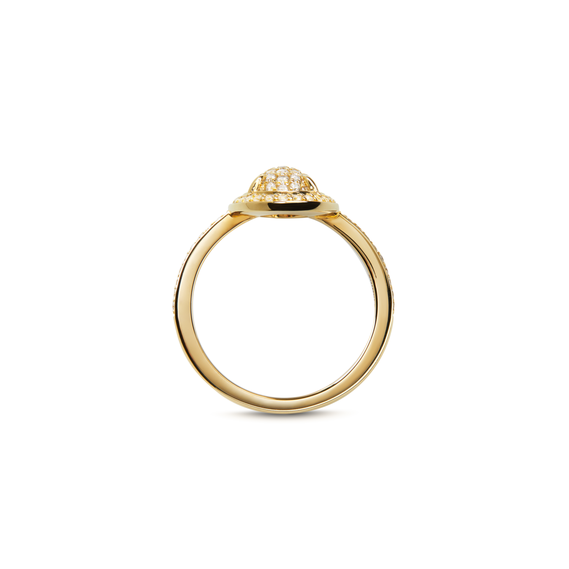 The Shinola Diamond Pave Oval Ring - Yellow Gold features a domed, round setting encrusted with natural diamonds, shown from the side on a plain white background.