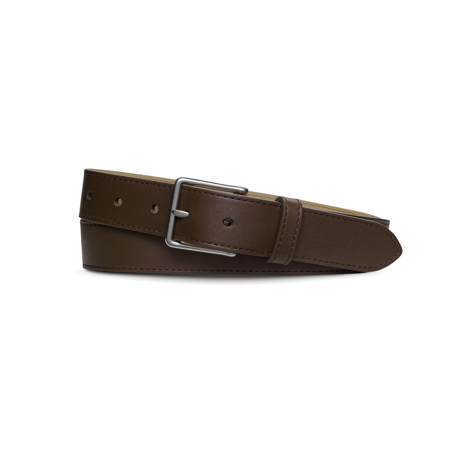 The Shinola 1 1/4" Dress Belt in brown is crafted from natural leather, features a silver rectangular buckle, and is shown coiled on a plain white background.