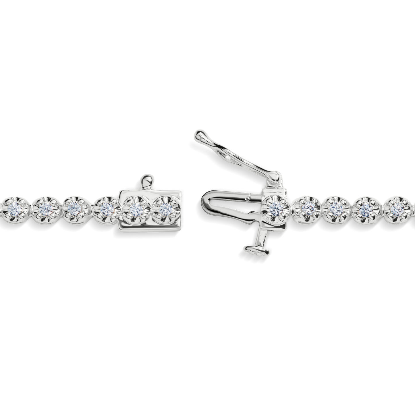 A close-up of the Shinola 1 Carat 7" Diamond Tennis Bracelet in white gold, showcasing brilliant cut diamonds set in a row with the open clasp visible at the center.