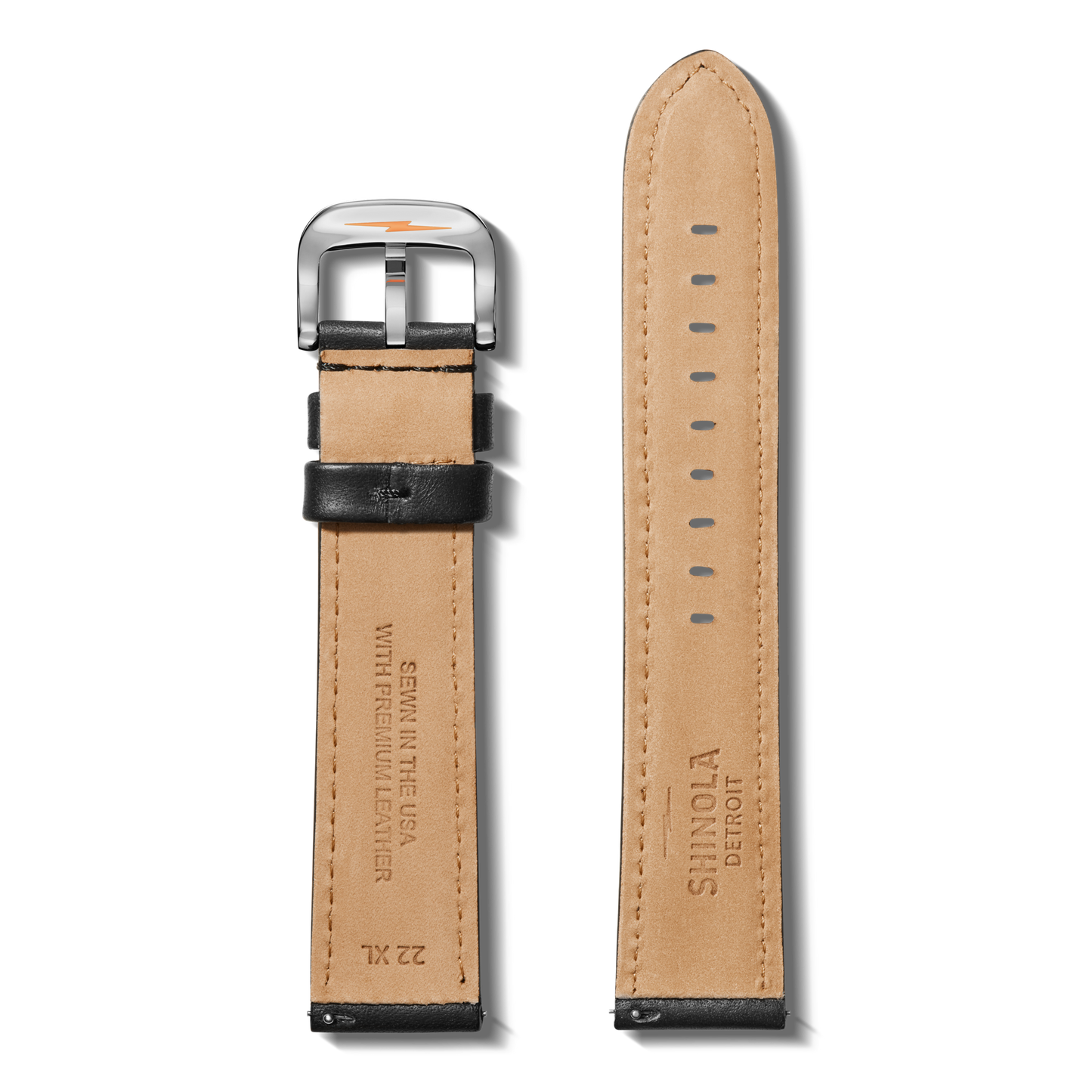 Two Shinola QR Strap: 22/20 XL Aniline, RR Classic, PoSS - Black leather straps, both tan with black edges and lining; one features a stainless steel buckle while the other does not. Both are stamped with branding and sizing details.