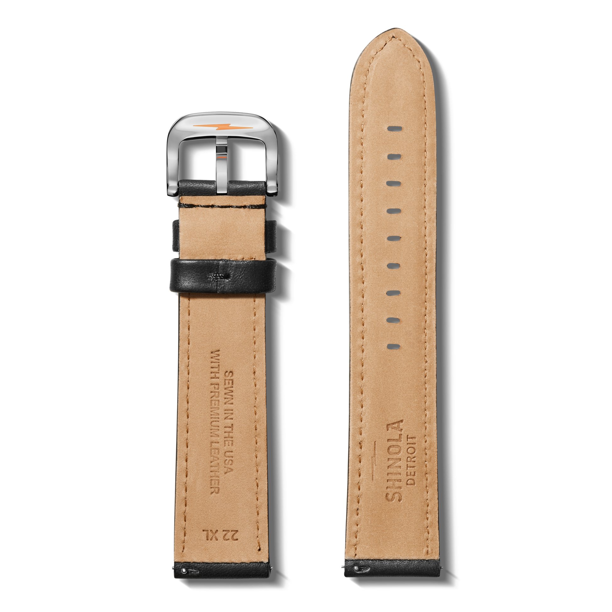 Two Shinola QR Strap: 22/20 XL Aniline, RR Classic, PoSS - Black leather straps, both tan with black edges and lining; one features a stainless steel buckle while the other does not. Both are stamped with branding and sizing details.