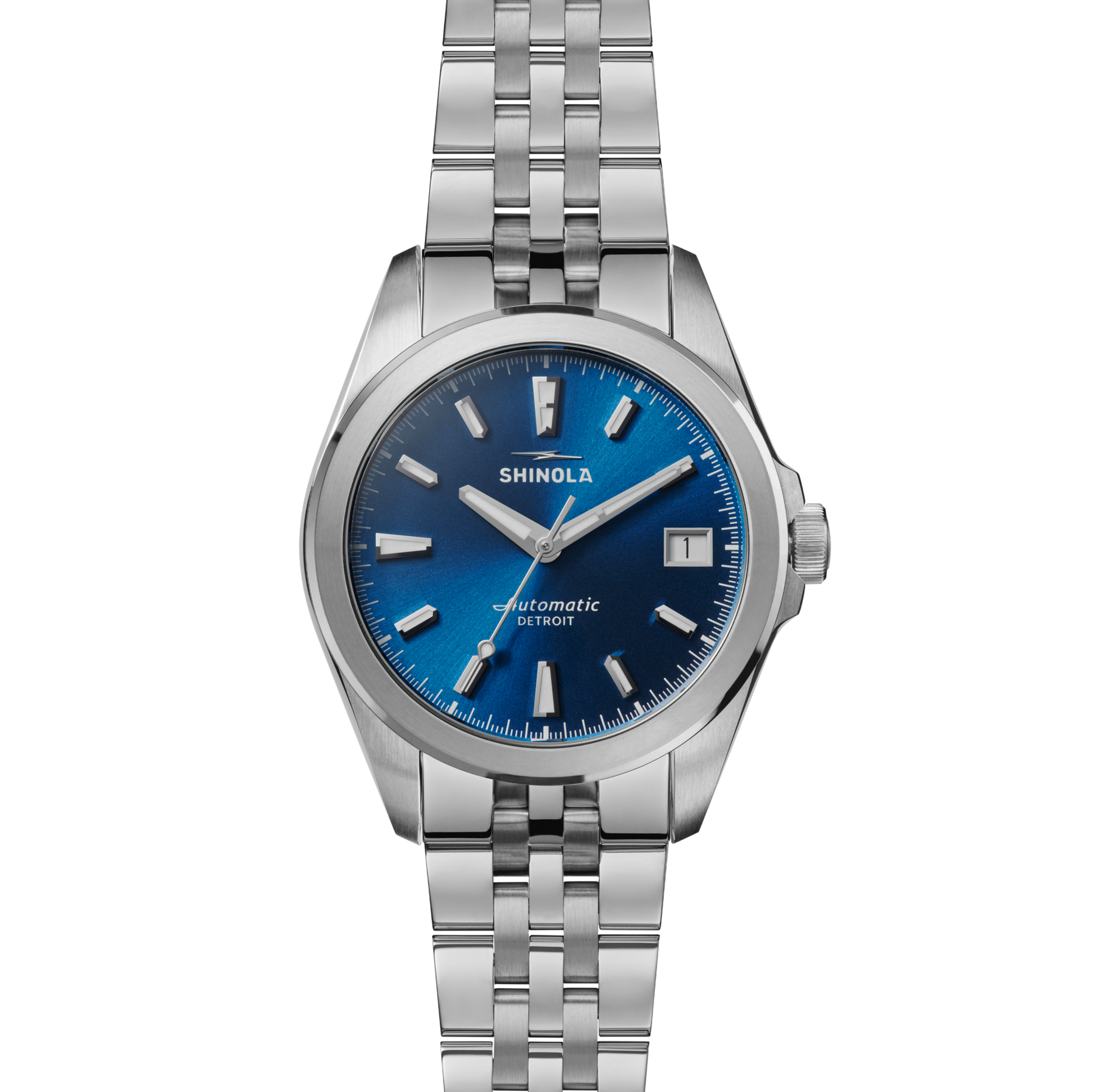The Shinola Circadian Monster Automatic Watch - Daylight Blue features a stainless steel case, blue dial with silver markers and hands, a date window at 3 o’clock, Swiss-made movement, and "Shinola Automatic Detroit" on the face.