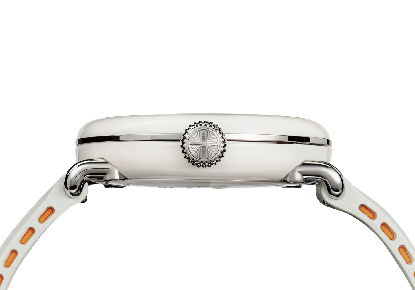 Side view of the Shinola Detrola Watch - Nude, featuring a metallic crown, silver trim, and a white strap with orange accents. Classic American design displayed against a plain white background.