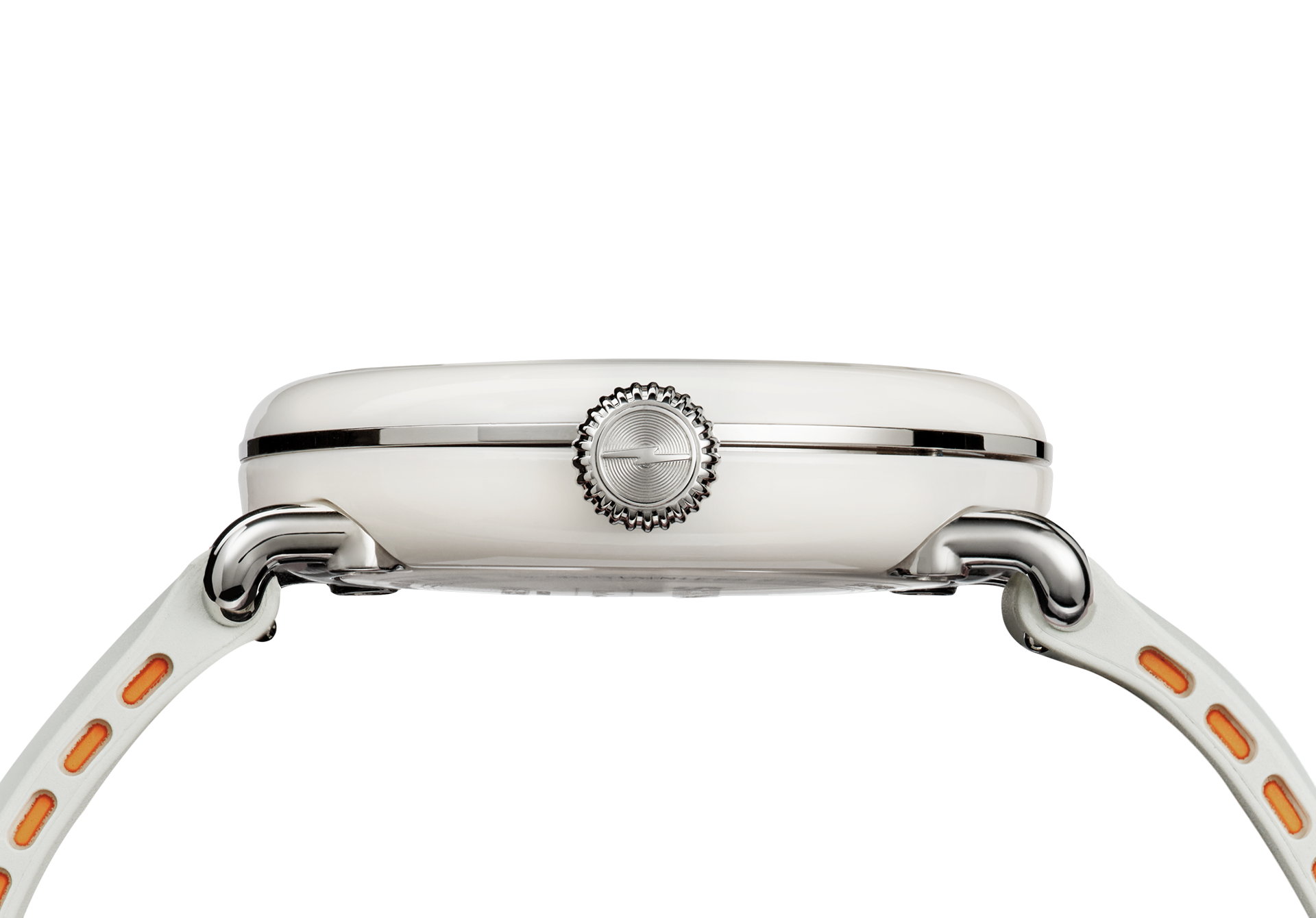 Side view of the Shinola Detrola Watch - Nude, featuring a metallic crown, silver trim, and a white strap with orange accents. Classic American design displayed against a plain white background.