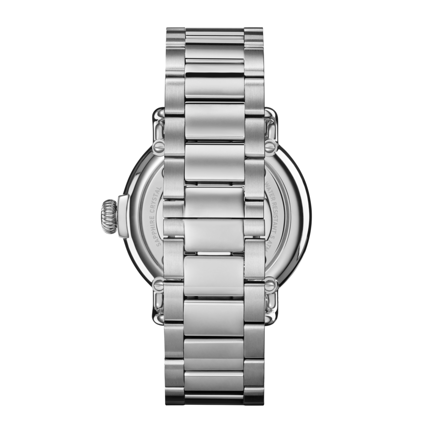 A close-up of the back of a Shinola Runwell Watch - Cadet Blue featuring a stainless-steel bracelet and round case, photographed against a plain white background.