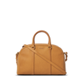 The Shinola Runwell Satchel - Honey is a premium natural leather handbag with two handles, a detachable shoulder strap, subtle vertical stitching, and a small embossed logo on its structured, rounded front.