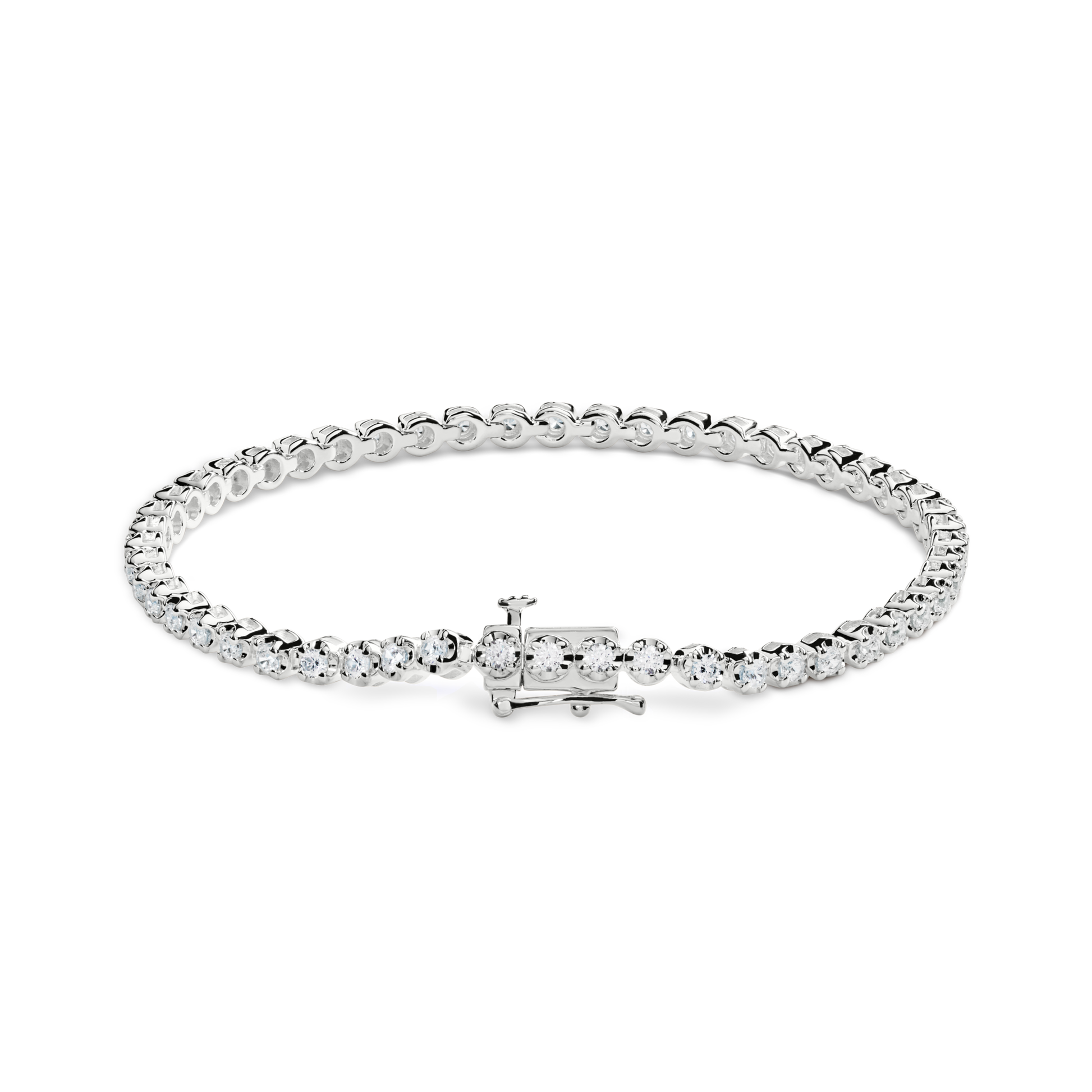 The Shinola 2 Carat 7" Diamond Tennis Bracelet in white gold features a single row of brilliant cut diamonds and a secure box clasp, shown against a white background.