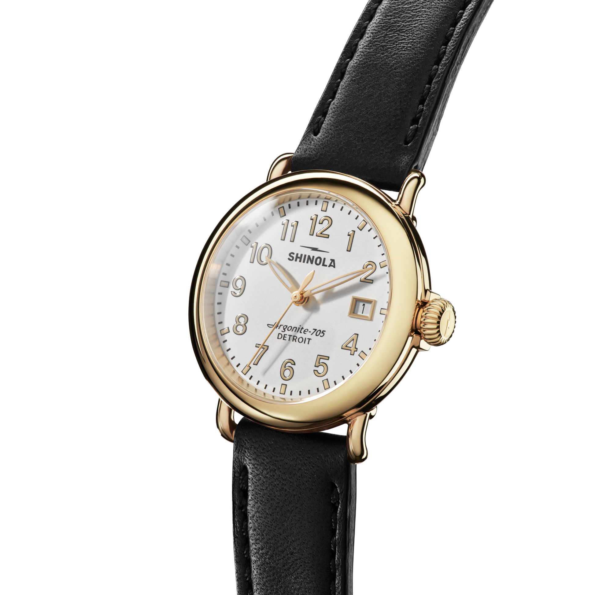 The Shinola Runwell Watch - Alabaster features a gold stainless steel case, white dial, black leather strap, clear numerals, date display, and gold hands and accents against a plain white background.