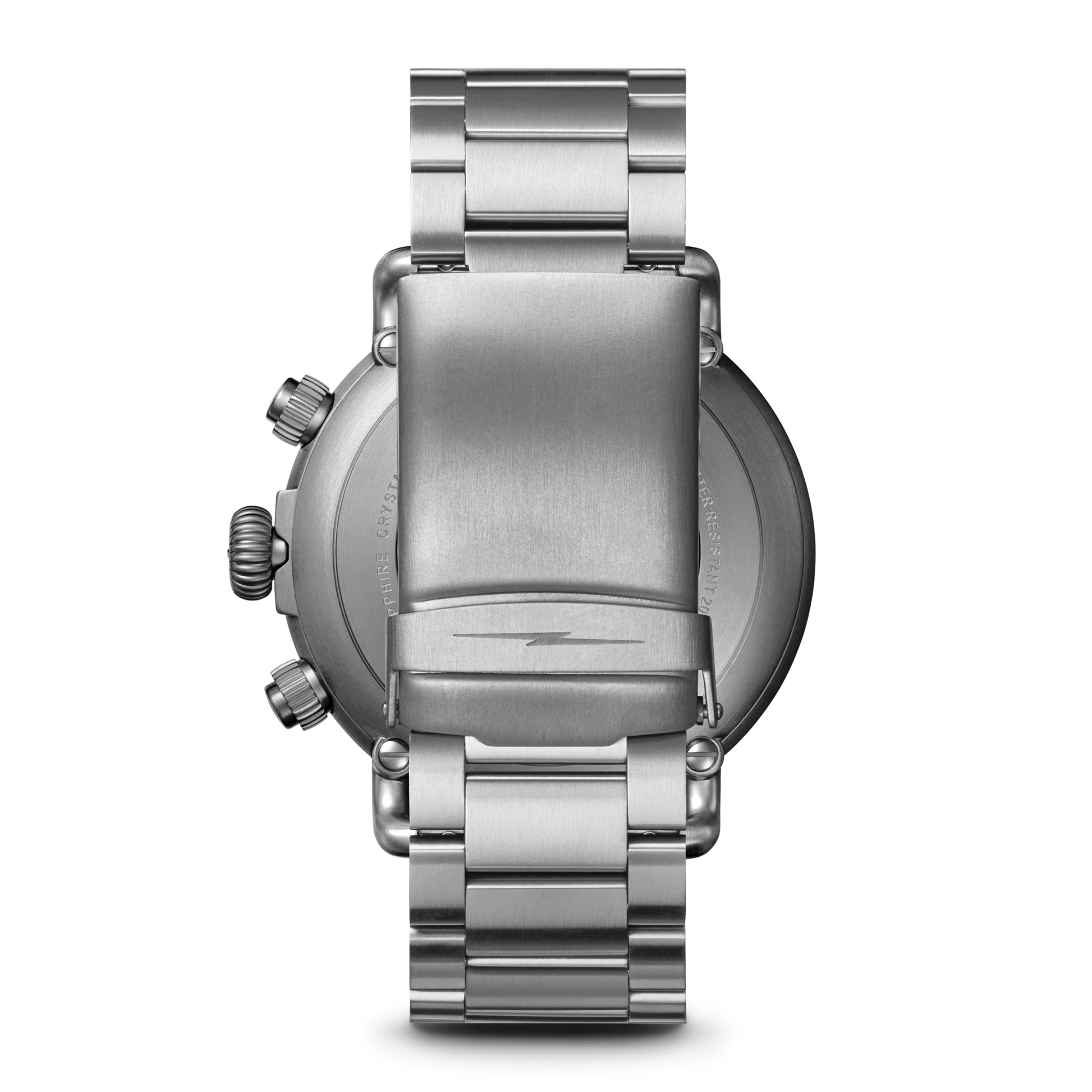 The image shows the back of a Shinola Runwell Chronograph West Wind Watch Gift Set with a metal link bracelet and an extra strap, 20 ATM water-resistant, positioned vertically against a plain white background.
